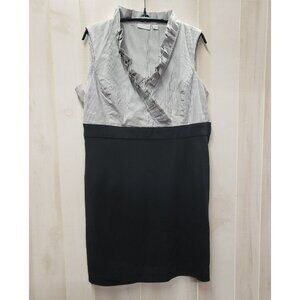 New York & Company Sleeveless Dress, Black & White Striped, Ruffle, XL, Side zip